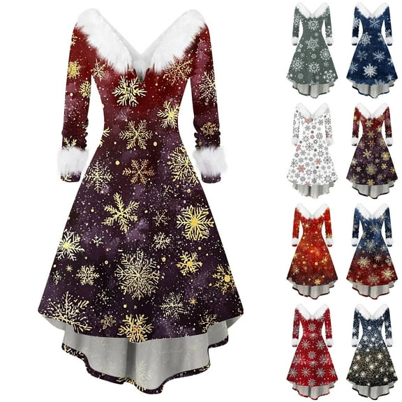 Christmas Dresses for Women Women's Fashion V-neck Casual Fit Christmas Print Party Long Sleeve Dress with Fur for Festive Occasion,Multicolor,M