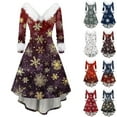 thumbnail image 1 of Christmas Dresses for Women Women's Fashion V-neck Casual Fit Christmas Print Party Long Sleeve Dress with Fur for Festive Occasion,Wine,2XL, 1 of 6