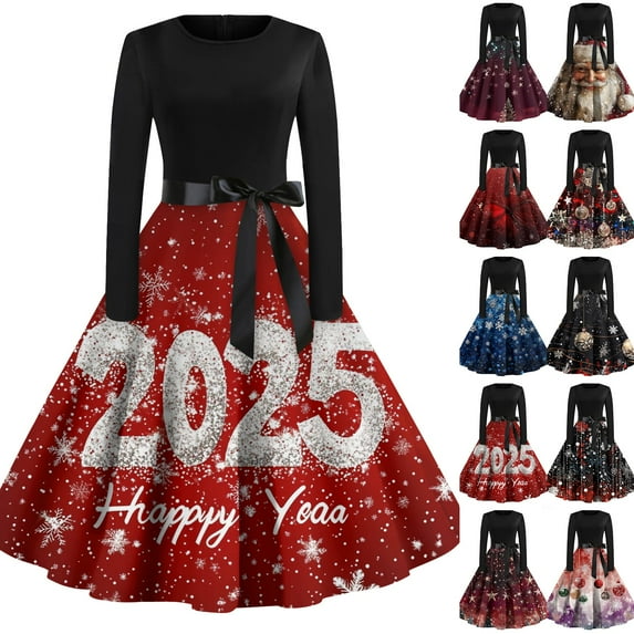 Christmas Dresses for Women Women's Fashion Vintage Long Sleeve Round Neck Christmas Printed Evening Party Dresses for Formal Event,Red,2XL