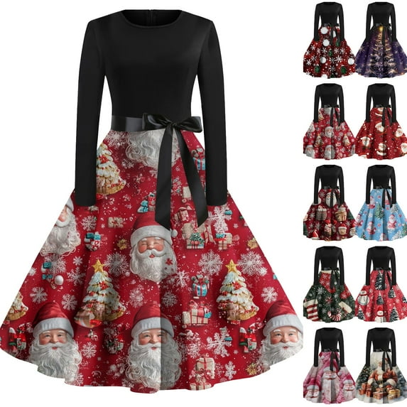 Christmas Dresses for Women Women's Fashion Vintage Long Sleeve Round Neck Christmas Printed Evening Party Dresses for Formal Event,Red,M