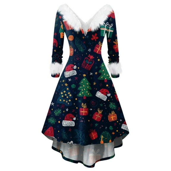 Christmas Dresses for Women Women's Fashionable V-neck Casual And Form-fitting Christmas Printed Long-sleeved Dress for Holiday Party,Royal Blue,2XL