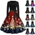 thumbnail image 1 of Christmas Dresses for Women Women's Vintage Classic Dress Long Sleeve Christmas Print Round Neck Swing Dress for Christmas Party,Blue,L, 1 of 5