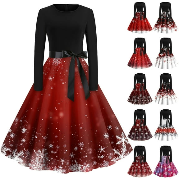 Christmas Dresses for Women Women's Vintage Classic Dress Long Sleeve Christmas Print Round Neck Swing Dress for Christmas Party,Deep Red,L