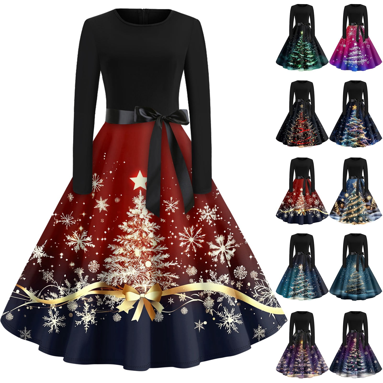 Christmas Dresses for Women Women's Vintage Classic Dress Long Sleeve  Christmas Print Round Neck Swing Dress for Christmas Party,Light Blue,3XL