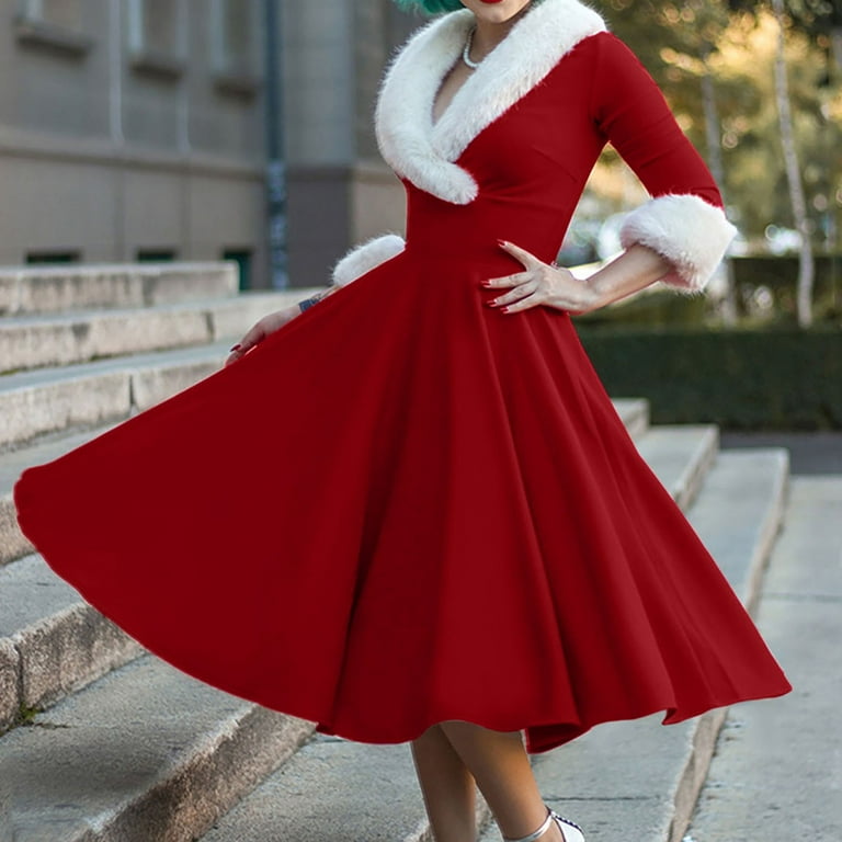 Christmas Dresses for Womens Furry V-Neck Print Vintage Long-Sleeved Party  Dress Mrs Santa Claus Fancy Cosplay Outfits 