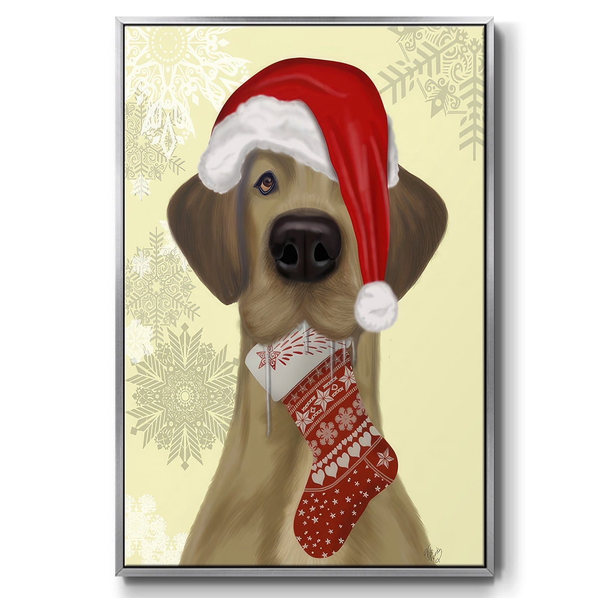 Christmas Drooly Christmas Dane - Framed Gallery Wrapped Holiday Canvas - 25 x 37 - Silver Frame