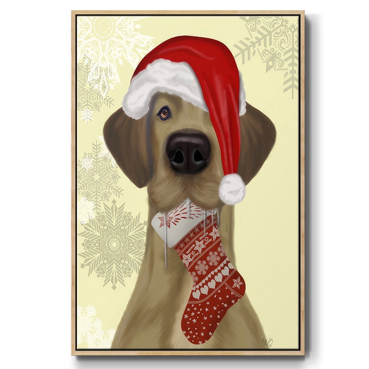 Christmas Drooly Christmas Dane - Framed Gallery Wrapped Holiday Canvas - 27 x 41 - Natural Wood Frame