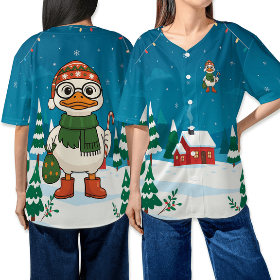 Christmas Duck Baseball Jersey Shirt – Cute Cartoon Winter Holiday Shirt –Merry Christmas, Xmas Gift - Funny Festive Snow House Graphic Jersey