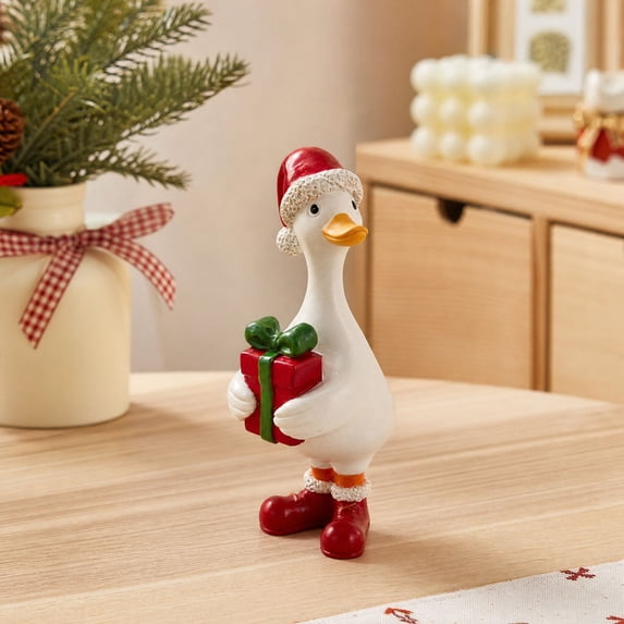 Christmas Duck Figurine with Red Hat and Holding Gift Box, White Resin, for Living Room Tabletop Decoration