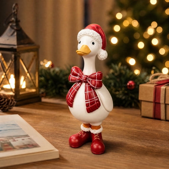 Christmas Duck Figurine with Red Santa Hat and Plaid Scarf, White Resin, for Living Room Table, Holiday Decoration