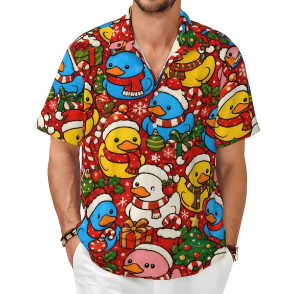Christmas Duck Men's Shirts Short-Sleeved with All-Over Prints Button-Up Shirts