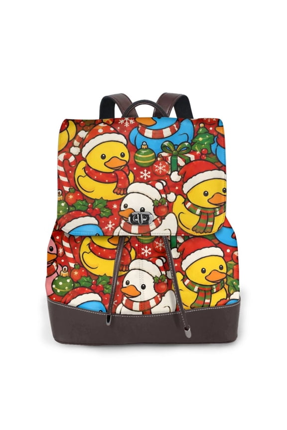 Christmas Duck Women's Leather Backpack All-Over Print Bag for Work and Travel