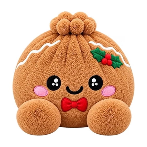 Christmas Dumpling Plush, Cute Stuffed Bun Toy With Bamboo Steamer Basket, Kawaii Holiday Gift, Brown Gingerbread, 5.9 In