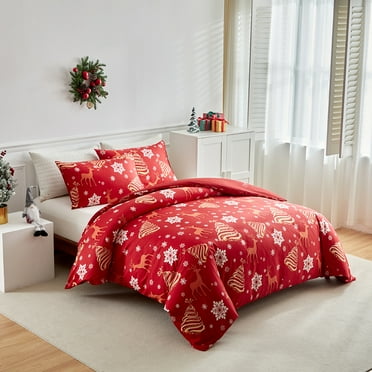 Christmas Duvet Cover Kids Adult Gold Christmas Trees and red Elk Print Bedding Sets Microfiber Comforter Covers,Queen Size