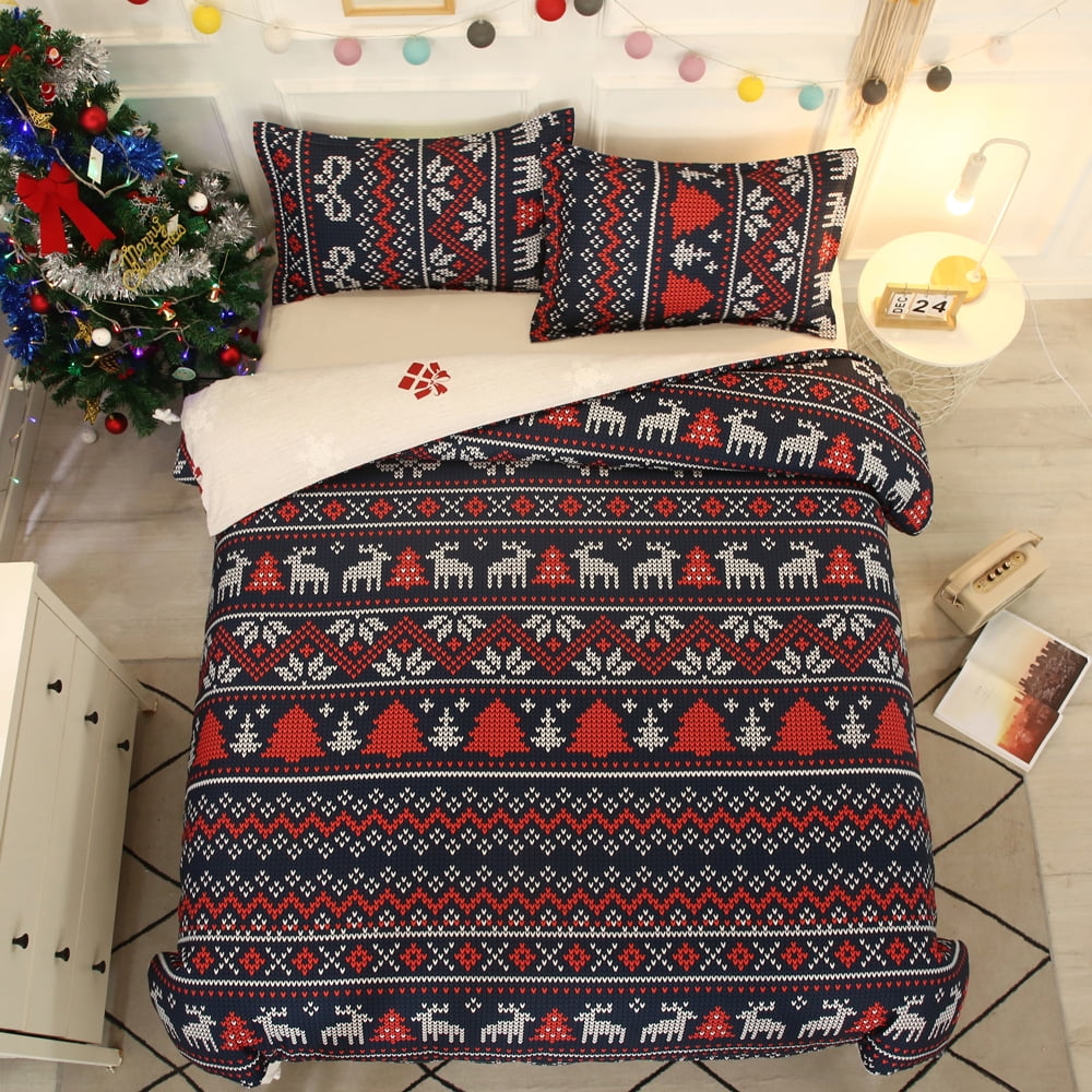 Christmas Duvet Cover Queen Size,3 Pieces Reversible Reindeer Snowflake