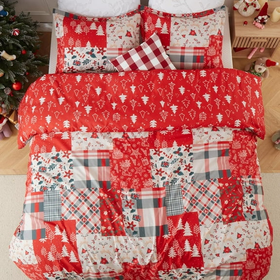 Christmas Duvet Cover Queen Size, Reversible Printed Comforter Cover Set Christmas Holiday Decorative Bedding, Soft Microfiber Red Duvet + 2 Pillow Shams
