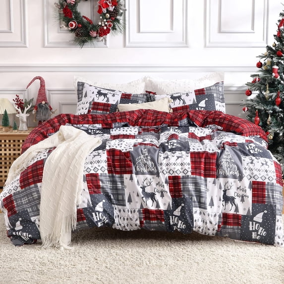 Christmas Duvet Cover, Reversible Printed Comforter Covers Set Christmas Holiday Decorative Bedding, Soft Microfiber Red Duvet + 1 Pillow Sham (Christmas Plaid, King)
