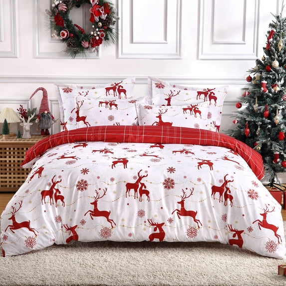 Christmas Duvet Cover Set with 2 Pillowcases, Christmas Reindeer and Snowflakes 100% Microfiber Red Duvet Covers with Button Closure Xmas Bedding Gift