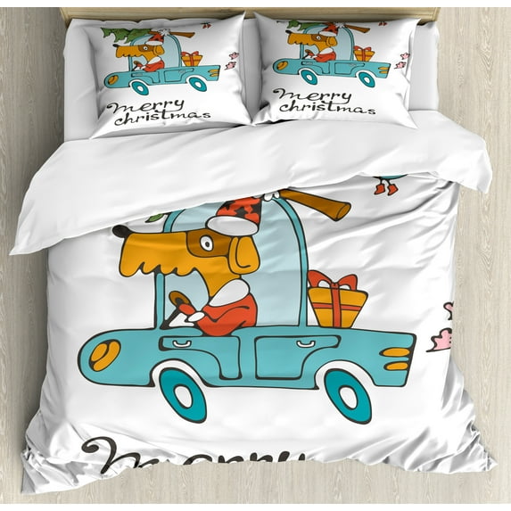 Christmas Duvet Cover Set, Blue Vintage Car Dog Driving Santa Costume Bird Tree Gift Present, Decorative 3 Piece Bedding Set with 2 Pillow Shams, Calking Size, White Multicolor, by Ambesonne
