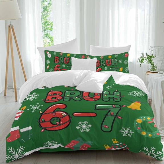 Christmas Duvet Cover Set California King Size, Bruh 6-7 Light Belt Xmas Sock Bell Wreath Green 4 Piece Bedding Set with Zipper Closure & Corner Ties Soft Breathable Comforter Cover for Bedroom
