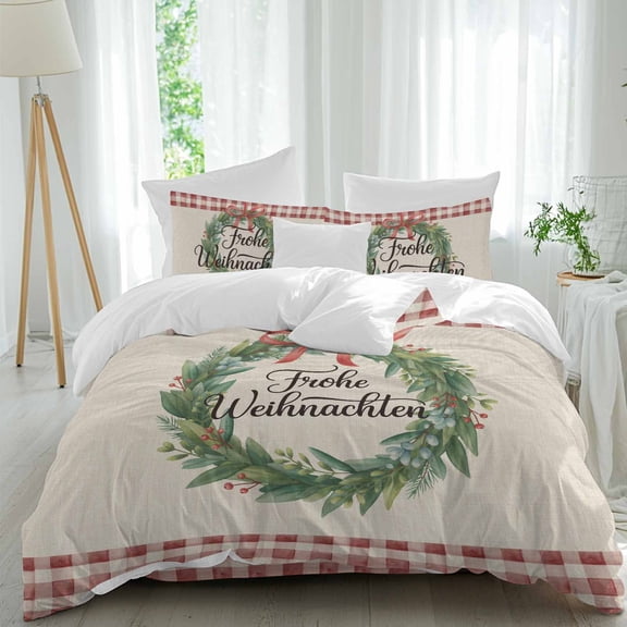 Christmas Duvet Cover Set California King Size, Frohe Weihnachten Green Wreaths Red Plaid Retro Linen 4 Piece Bedding Set with Zipper Closure & Corner Ties Soft Breathable Comforter Cover for Bedroom