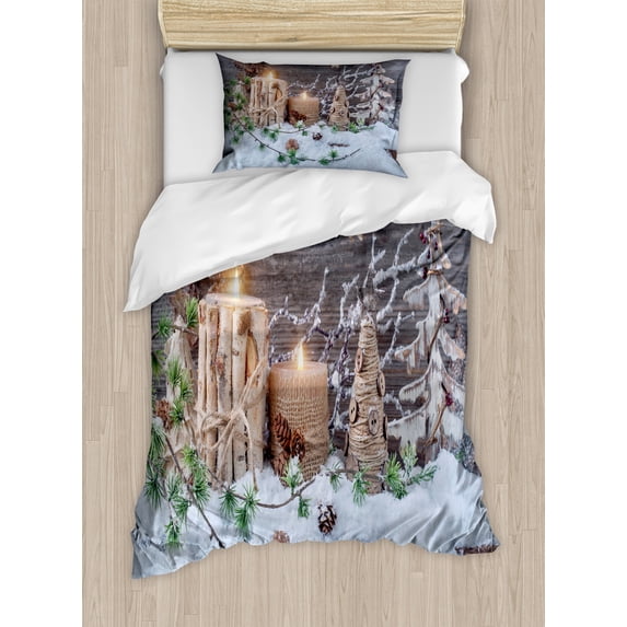 Christmas Duvet Cover Set, Candles on the Snow Covered Ground Outside the House Art Rustic Closeup Print, Decorative 2 Piece Bedding Set with 1 Pillow Shams, Twin Size, White Brown, by Ambesonne