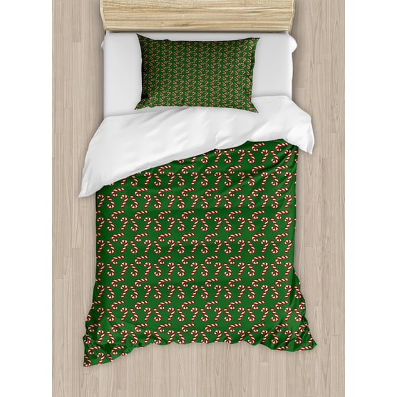 Christmas Duvet Cover Set, Candy Canes and Lollipops Classical Pattern for Holiday Xmas, Decorative 2 Piece Bedding Set with 1 Pillow Shams, Twin Size, Green Red White, by Ambesonne