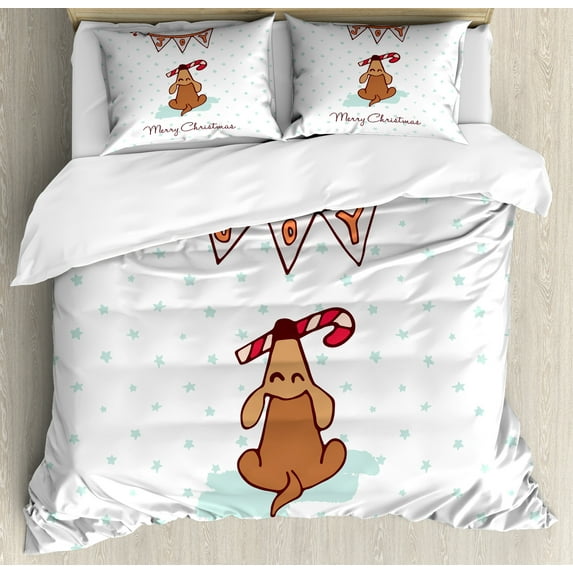 Christmas Duvet Cover Set, Cartoon Dog with Xmas Candy Cane and Joy Written Flags on Stars, Decorative 3 Piece Bedding Set with 2 Pillow Shams, Calking Size, Pale Turquoise and Ginger, by Ambesonne