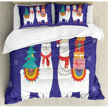 Christmas Duvet Cover Set, Cartoon Llamas in Noel Concept with Gifts Ornaments and Tree, Decorative 3 Piece Bedding Set with 2 Pillow Shams, Calking Size, Dark Lavender Multicolor, by Ambesonne