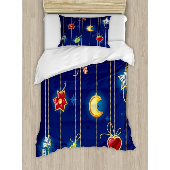 Christmas Duvet Cover Set, Celebratory Object on Stripes Star Moon Candy Flower Xmas Theme Illustration, Decorative 2 Piece Bedding Set with 1 Pillow Shams, Twin Size, Multicolor, by Ambesonne
