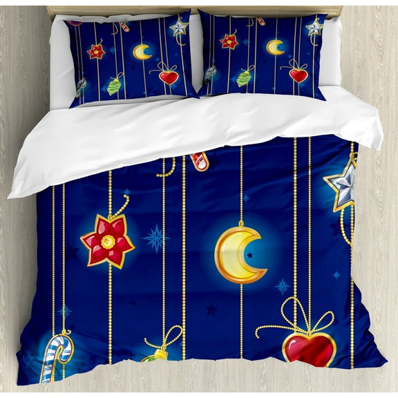 Christmas Duvet Cover Set, Celebratory Object on Stripes Star Moon Candy Flower Xmas Theme Illustration, Decorative 3 Piece Bedding Set with 2 Pillow Shams, King Size, Multicolor, by Ambesonne