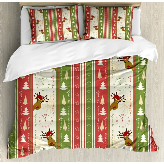 Christmas Duvet Cover Set, Chinese Style Lettering Merry Christmas Deer Pines Stars Border Lines, Decorative 3 Piece Bedding Set with 2 Pillow Shams, Calking Size, Green Dark Coral White, by Ambesonne