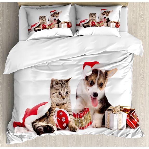 Christmas Duvet Cover Set, Dog and Cat in Santa Hats Gift Boxes and Balls New Year Celebration Themed, Decorative 3 Piece Bedding Set with 2 Pillow Shams, Queen Size, White Brown Red, by Ambesonne