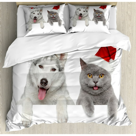 Christmas Duvet Cover Set, Dog and Cat in Santa Red Hats Funny Puppy and Kitty Domestic Pet Animal, Decorative 3 Piece Bedding Set with 2 Pillow Shams, Calking Size, White Grey Red, by Ambesonne