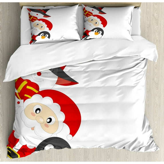 Christmas Duvet Cover Set, Friendly Happy Santa Claus Penguin Snowman Holiday Design, Decorative 3 Piece Bedding Set with 2 Pillow Shams, King Size, Charcoal Grey Red White, by Ambesonne