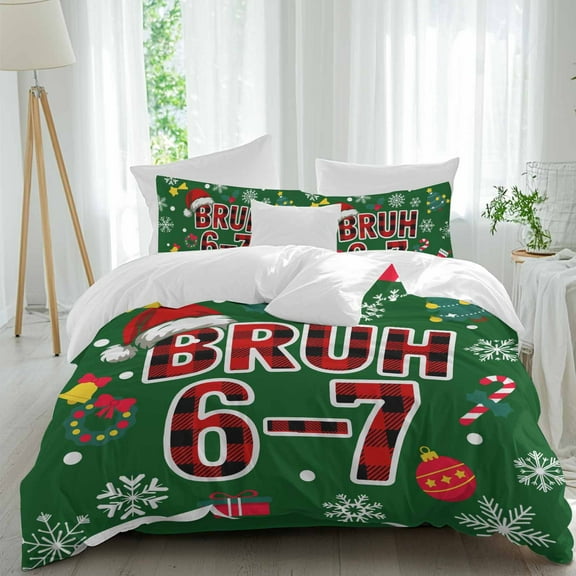 Christmas Duvet Cover Set Full Size, Cartoon Red Plaid Bruh 6-7 Xmas Socks Bell Snowflake Gift Green 4 Piece Bedding Set with Zipper Closure & Corner Ties Soft Breathable Comforter Cover for Bedroom
