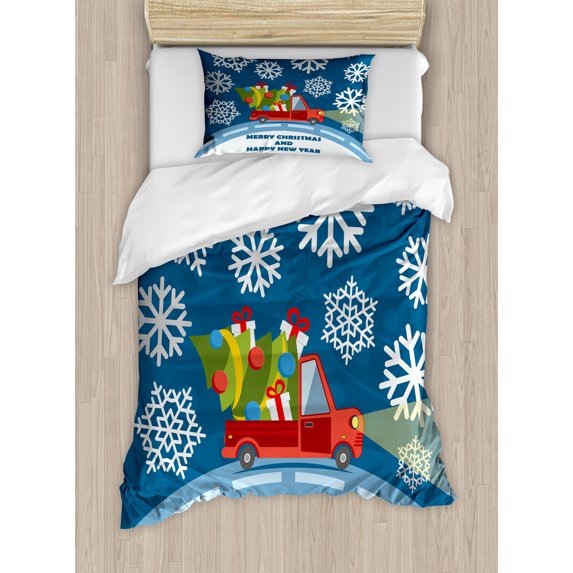 Christmas Duvet Cover Set, Happy New Year Merry Christmas Truck with Gift Boxes Tree and Snowflakes Art, Decorative 2 Piece Bedding Set with 1 Pillow Shams, Twin Size, Blue Red White, by Ambesonne