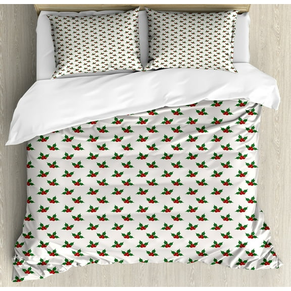 Christmas Duvet Cover Set, Holly Berries Mistletoe Fruit Pattern Seasonal of Peace Theme Print, Decorative 3 Piece Bedding Set with 2 Pillow Shams, Calking Size, Red Green White, by Ambesonne