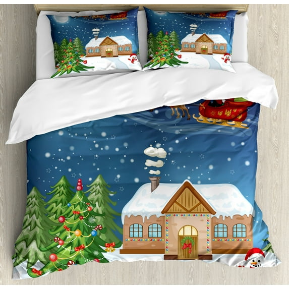 Christmas Duvet Cover Set King Size, Classical Xmas Scenery Santa Delivering Presents with Rudolf the Red Nosed Reindeer, Decorative 3 Piece Bedding Set with 2 Pillow Shams, Multi, by Ambesonne