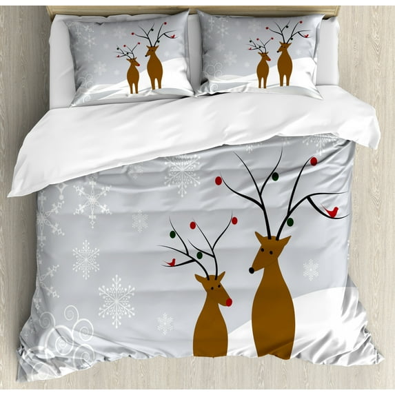 Christmas Duvet Cover Set King Size, Cute Reindeers at Noel Time Yule with Snowflakes in Winter Santa Print, Decorative 3 Piece Bedding Set with 2 Pillow Shams, Brown Pale Grey White, by Ambesonne