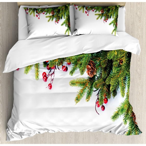 Christmas Duvet Cover Set King Size, Evergreen Fir Tree Branches with Cones Yule Celebration Holly Culture Design, Decorative 3 Piece Bedding Set with 2 Pillow Shams, Green Brown, by Ambesonne