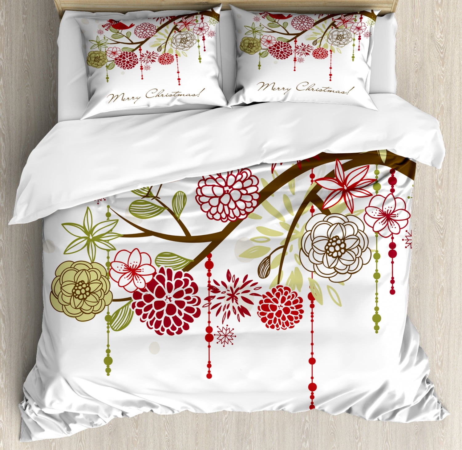King Size Floral Winter Red Bird Duvet Cover Set