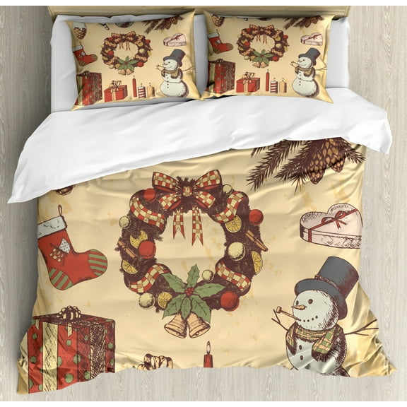 Christmas Duvet Cover Set King Size, Grunge Style Vintage Composition of Wreath Ornaments Presents Candles Sock, Decorative 3 Piece Bedding Set with 2 Pillow Shams, Beige Multicolor, by Ambesonne