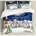 thumbnail image 1 of Christmas Duvet Cover Set King Size, Moon Santa Claus Reindeer Hovering in Winter Sky of a Small Village Illustration, Decorative 3 Piece Bedding Set with 2 Pillow Shams, Navy White, by Ambesonne, 1 of 3