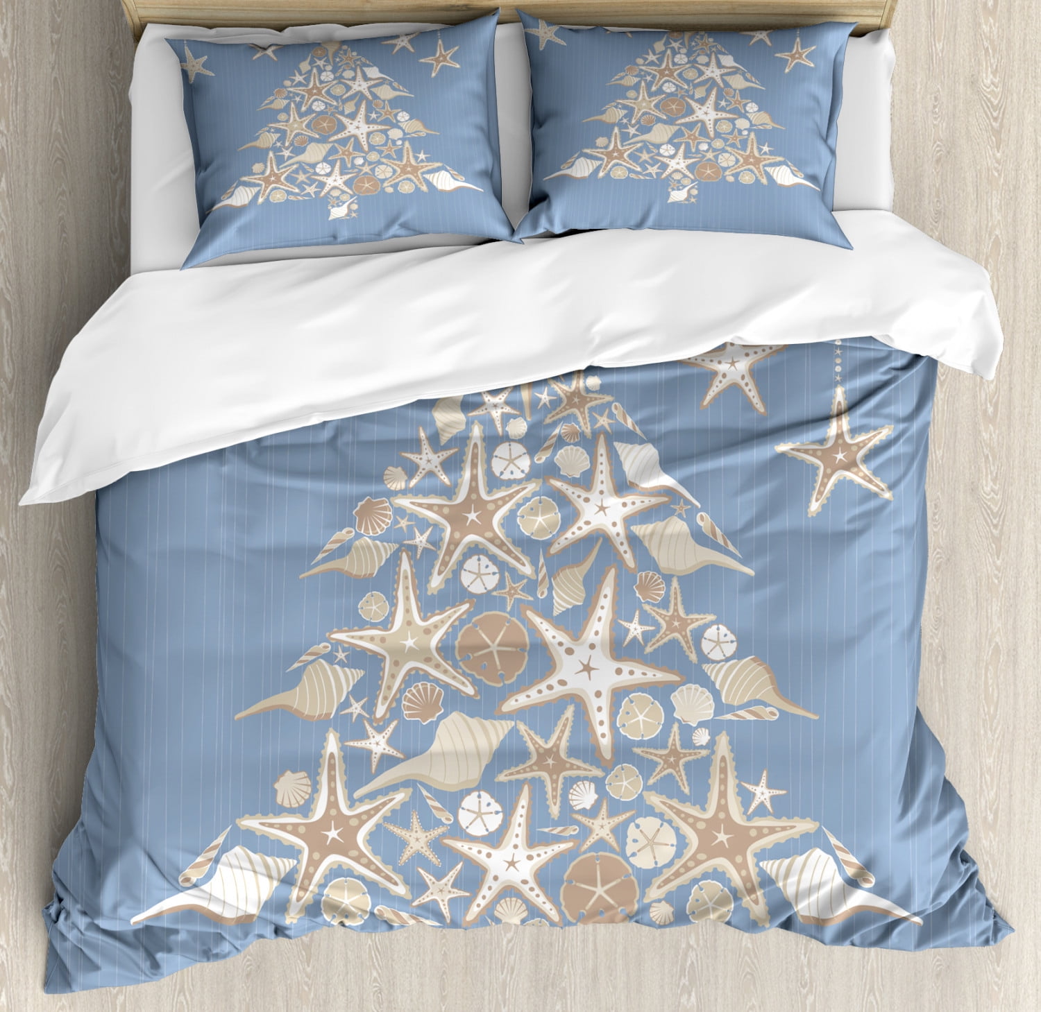 King Size Nautical Christmas Duvet Cover Set in Beige and Blue Microfiber