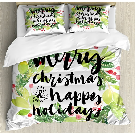 Christmas Duvet Cover Set King Size, New Year and Happy Holiday Rustic Design Wreath with Berries and Evergreen Image, Decorative 3 Piece Bedding Set with 2 Pillow Shams, White Green, by Ambesonne