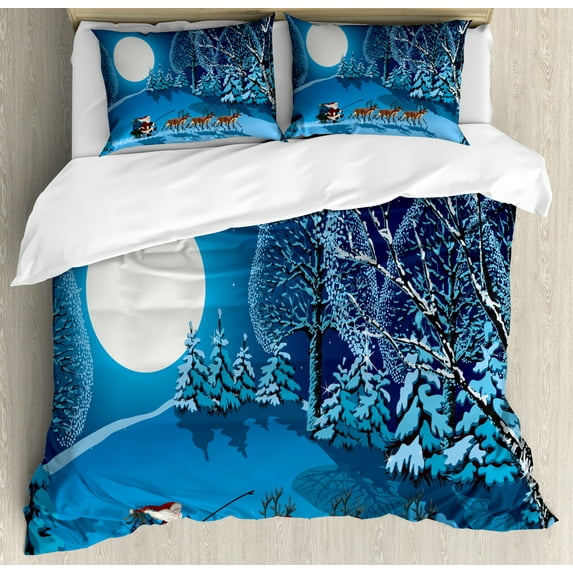 Christmas Duvet Cover Set King Size, Santa in Sleigh a Night with Full Moon in the Sky Snowy Winter Xmas Theme Print, Decorative 3 Piece Bedding Set with 2 Pillow Shams, Navy Blue, by Ambesonne