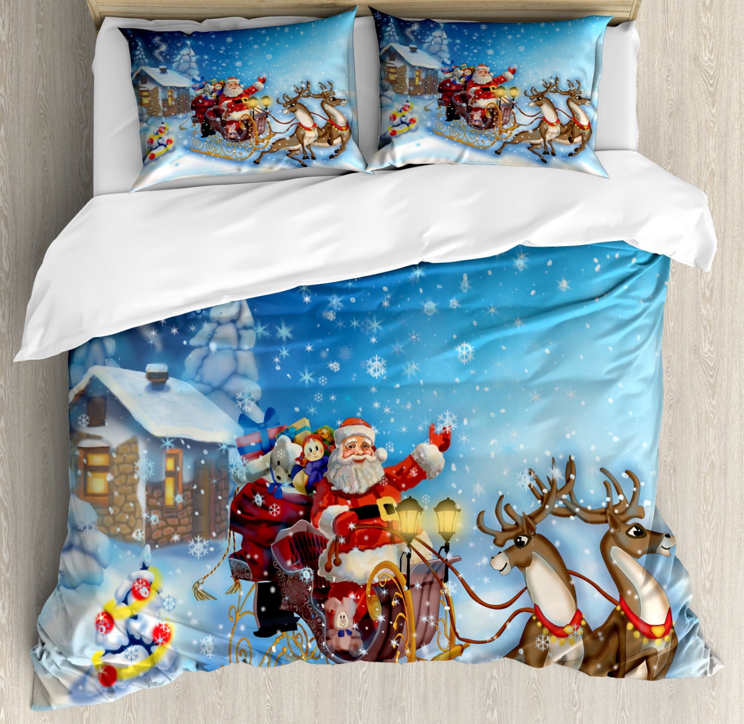King Size Blue Christmas Santa and Reindeer Duvet Set