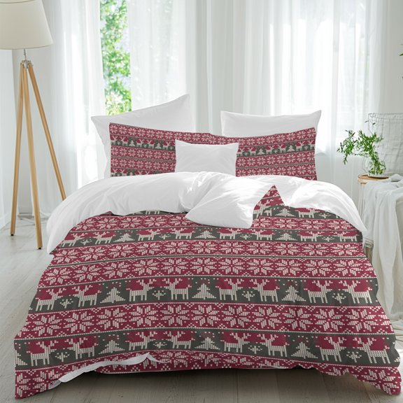 Christmas Duvet Cover Set Cal King Size, Simple Elk Snowflake Winter Cartoon Texture 4 Piece Soft Microfiber Bedding Set with Zipper Closure, 1 Comforter Cover, 1 Flat Sheet, 2 Pillowcases