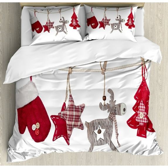 Christmas Duvet Cover Set King Size, Traditional Xmas Celebration Items Hanging from Rope with Clothespins Retro, Decorative 3 Piece Bedding Set with 2 Pillow Shams, Red Cream Tan, by Ambesonne